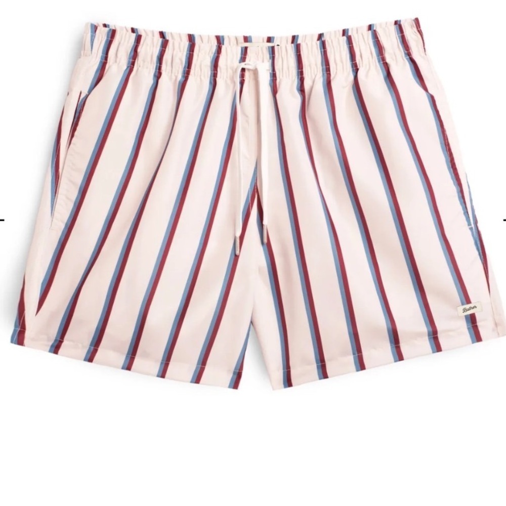 BATHER Medium Red Blue Striped Swim Trunks Recycled Polyester Shorts Men - Picture 2 of 7